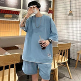 AIDASE  -  Plus Size Waffle Men's Summer Casual Sports Suit Trendy Fashionable Short Sleeve Short Pants Two Piece Set Big Size Handsome