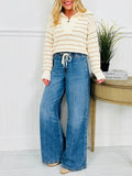 AIDASE  -  Women's Wide Leg Drawstring Jeans Elastic Waistband Loose-Fit Straight-Leg Pants Casual Retro Long Denim Pants aidase-shop