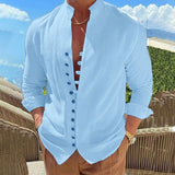 Aidase Vintage Mens 100% Cotton Linen Shirts Long-Sleeved Stand Collar Casual Tops Spring Summer Fashion Men Clothing Retro Shirt