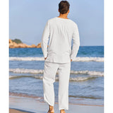 AIDASE  -  Men s Summer Cotton Linen Clothes Solid Color Long Sleeve Henley Shirt Elastic Waist Drawstring Pants 2 Pieces Loungewear Set aidase-shop