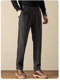 AIDASE  -  Korean Fashion Woolen Suit Pant Men Waist Button Straight Trouser Autumn Winter Business Casual Loose Light Mature Style Pants aidase-shop