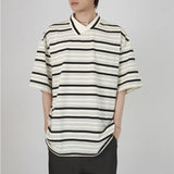 AIDASE  -  Summer Vertical Striped POLO Shirt Irregular Neckline Design Short-sleeved Top Unisex Contrasting Striped T-shirts Elegant Wear aidase-shop