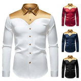 AIDASE  -  New Men's Satin Smooth Color Long Sleeved Shirt Contrast Color Patchwork Single Breast Male Tops