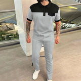 AIDASE  -  Men's New Waffle Color Patchwork Lapel Button Polo Shirt Short Sleeve Shirt Solid Color Trousers Two Men's Suit aidase-shop