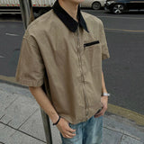 AIDASE  -  New Stylish Men's Shirt Short Sleeve Lapel Patchwork Collar Male Zipper Shirts Washed Summer Men Clothing Loose Fit