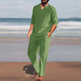 AIDASE  -  Man Tuxedo Men Pieces Cotton Linen Set Shirt Long Sleeve And Casual Beach Pants Summer Yoga Outfits Man Suit Men'S Matching Sets aidase-shop