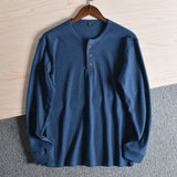 Aidase Fashion Mens Henley Collar Tee Shirts Autumn Sold Color Long Sleeve T-shirt Half Button Up Thermal Waffle Knit Blouses Tops aidase-shop