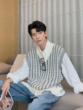 Aidase Black White V Neck Sleeveless Waistcoat Knit Sweater Male Vest Graphic Men's Clothing Casual Tops Wholesale Trend Sheap
