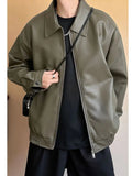 AIDASE  -  ex Loose Fit Pure Color Motorcycle Jaet PU Leather Flight Coat Street Sle Versatile Outerwear for Men And Women aidase-shop