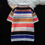 Aidase Dopamine Striped Kint Polo Shirt For Men Vintage Loose Short Sleeve Tops New Fashion Hollow Out knitting Color Blocked Tshirts