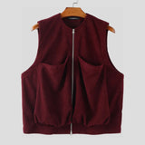 AIDASE  -  Men Vests Solid Color Sleeveless Zipper Casual Male Waistcoats Streetwear Loose 2025 Pockets Fashion Corduroy Vests Men aidase-shop
