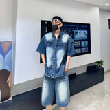 AIDASE  -  Fashion Men's Denim Suit 2025 Summer New Stylish Short Sleeve Lapel Shirt Trend Straight-leg Shorts Loose Men Suit 21E6404 aidase-shop