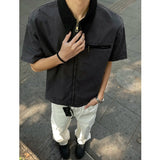 AIDASE  -  New Stylish Men's Shirt Short Sleeve Lapel Patchwork Collar Male Zipper Shirts Washed Summer Men Clothing Loose Fit aidase-shop