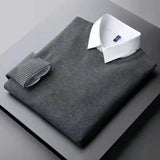 Aidase Autumn/Winter Men's Solid Color Slim Fit Pullover Fake Two Pieces Casual Fashion Elegant Commuter Knitted Bottom Shirt aidase-shop