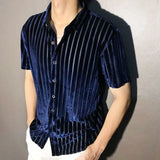 Aidase High Quality Shirt Trendy Transparent Blue Stripe Shirt Men Sexy Velvet Shirt Men Short Sleeve Clothing See Through Social Club aidase-shop