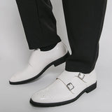 AIDASE  -  Dress Shoes Double Button Low Heel White Loafers Handmade Paty Leather Wedding Shoes Men Leather Formal Business Pointed Shoes aidase-shop