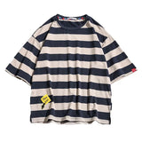 Aidase Retro Street Personality Stripe Round Neck T-shirt Summer Men and Women Trend Personality Loose Casual Harajuku Short sleeved aidase-shop