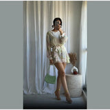 AIDASE  -  Printed Lace Patchwork Chiffon Waist Mini Dress Women Elegant Round Neck Long Sleeve Bodycon Short Dresses 2025 New Summer Robe aidase-shop