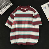 AIDASE  -  Japanese Couple Color-blocking Short-sleeved T-shirt Hong Kong Style Loose Trend Striped Heavy Round Neck Half-sleeved T-shirt aidase-shop