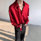 AIDASE  -  Men's Satin Ribbon Long-Sleeved Shirt American Retro Fashion Trend High Street Loose Casual Breathable Niche Summer Men's Tops aidase-shop