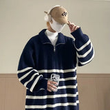 31.86Aidase Korean Half Zip Street Retro Men Lazy Style Sweater Autumn Winter Thickened Youth Stand Up Collar Sweater Striped Sweater Jacket aidase-shop