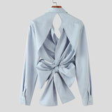 AIDASE  -  Tops American Style Fashion Sexy Men Deconstructive Backless Bow Shirts Casual Male Solid Loose Long Sleeved Blouse aidase-shop