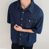 AIDASE  -  Dark Blue Denim Shirt Men and Women Japanese Vintage City Boy Oversized Loose Casual Summer Lapel Buttons Shirt Top aidase-shop