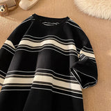 AIDASE  -  Color Blocking Striped T-shirt Men's Heavyweight Cotton Short Sleeved Tee Loose O-neck Base Shirt Summer American Couple Tops aidase-shop