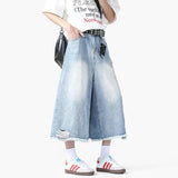 AIDASE  -  Summer New Fashion Men's Jorts Hole Worn-out Design Rough Selvedge Denim Pants Over Knee Length Male Bottoms aidase-shop