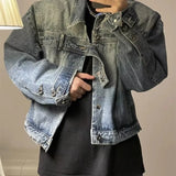 Aidase Men Cropped Denim Jacket Korean Fashion Vintage Turn-down Collar Belt Design Single Breasted Male Denim Coat American Style