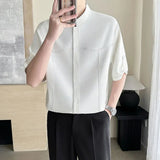 AIDASE  -  Summer New Stand Up Ice Silk Men's Mid Sleeved Shirt Solid Color Stand Collar Male Tops New Korea Fashion aidase-shop