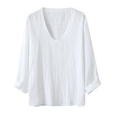 Aidase Spring Summer Mens V Neck Cotton Linen T-shirt Loose Solid Long Sleeve Pullovers Tops Fashion Casual Clothing Streetwear