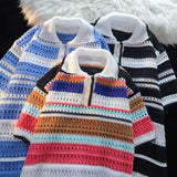 Aidase Dopamine Striped Kint Polo Shirt For Men Vintage Loose Short Sleeve Tops New Fashion Hollow Out knitting Color Blocked Tshirts