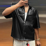 AIDASE  -  Solid Color Men Shirt Faux PU Leather Lapel Short Sleee Men Clothing Zipper Summer Streetwear Fashion Casual Camisa aidase-shop