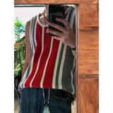 Aidase American Striped Knitted Vest Men Women Color Blocking Sleeveless Knit Tank Tops Summer Fashion Vintage Tshirs Camisoles Unisex