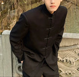 AIDASE  -  New Chinese Style Suit Men's Niche Design Traditional Button Stand Collar Jacket Black Straight Wide Shoulder Coats Ruffian Cool aidase-shop