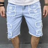 AIDASE  -  Men Fringe Patch Ripped Denim Shorts Summer Patchwork Jeans Casual Loose Straight Knee Length Breeches aidase-shop