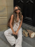AIDASE  -  Cotton Linen Striped Strap Vest Pants Suit Women Elegant Commuter Sleeveless Deep V Two Piece Set 2025 New Summer Street Outfit aidase-shop