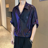 Aidase Men Shiny Design Casual Shirt Trendy Handsome Shirts Fashion Loose Half Sleeve Tops Korean Style Personality Clothing
