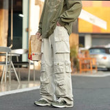 Aidase Men's Multi-pockets Cargo Pants Autumn Vintage Solid Color Hiphop Overalls Baggy Casual High Street Mopping Trousers