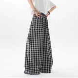 AIDASE  -  Spring Summer Mens Fashion Oversize Plaid Pants Wide Leg Buttons Long Trousers Elastic Waist Casual Bottoms Wear Plus Size aidase-shop
