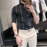 Aidase Fashion Men Shirt Elastic Korean Version Trend Striped Long-Sleeved Shirt Basic Hot Free Casual Dress Short-Sleeved Shirt aidase-shop