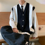 Aidase Vintage Sweater Vest Men Knitted Patchwork Sleeveless V-neck Teens Outwear Preppy Cool Ulzzang Casual Mens Clothes Fashion Daily