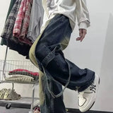 AIDASE  -  American high street trendy brand youthful and fashionable versatile straight retro old washing splicing design streamer jeans aidase-shop