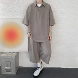 AIDASE  -  Casual Men Two-piece Lapel Short Sleeve Solid Color Male T-shirt Fashion Loose Shorts Fashionable Versatile Sets 21E5888 aidase-shop