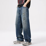 AIDASE  -  Men Brand Fashion Loose Casual Vintage Wide Leg Baggy Broken Hole Ribbed Jeans Cityboy Denim Baggy Jeans Pants Trousers aidase-shop