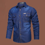 AIDASE  -  100% Cotton Good Qulaity M-5XL Large Size Denim Shirt Men Spring Fall Fashion Solid Color Long Sleeve Multi-pocket Slim Fit Tops aidase-shop