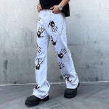 AIDASE  -  Men Palm Print Jeans White Denim Boot Cut Pants Fashion Flared Trousers with Chain aidase-shop