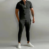 AIDASE  -  Fashion Striped Print Mens Tracksuits Spring Summer Short Sleeve Lapel Zipper Tops and Pants Two Piece Sets Men Sports Clothing aidase-shop