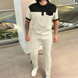AIDASE  -  Men's New Waffle Color Patchwork Lapel Button Polo Shirt Short Sleeve Shirt Solid Color Trousers Two Men's Suit aidase-shop